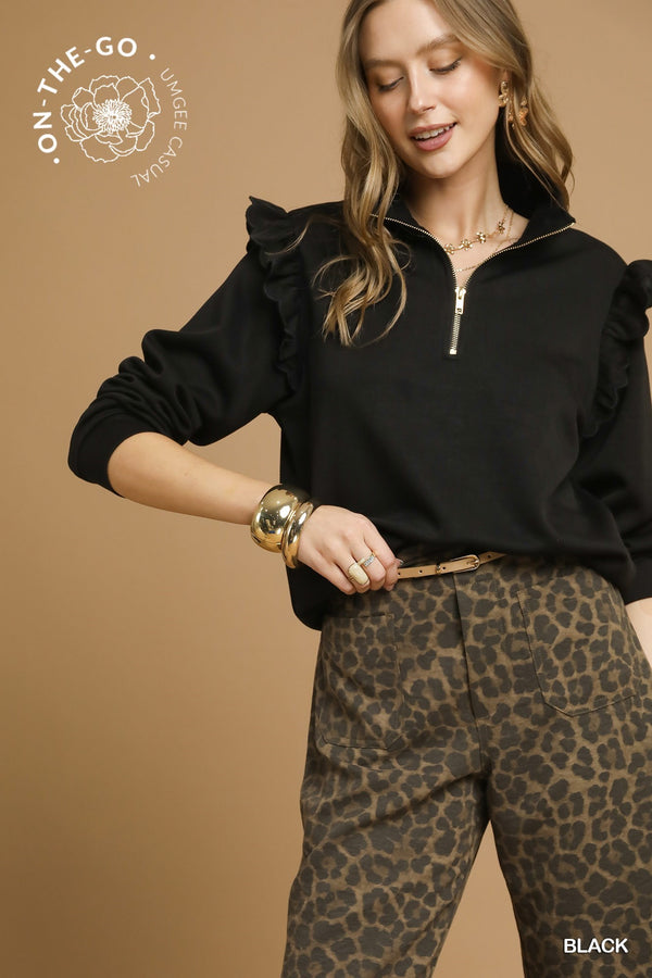Ruffle Shoulder Quarter-Zip Pullover- Black