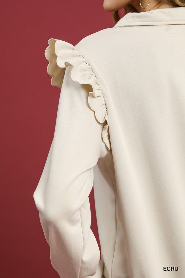Ruffle Shoulder Quarter-Zip Pullover- Ecru