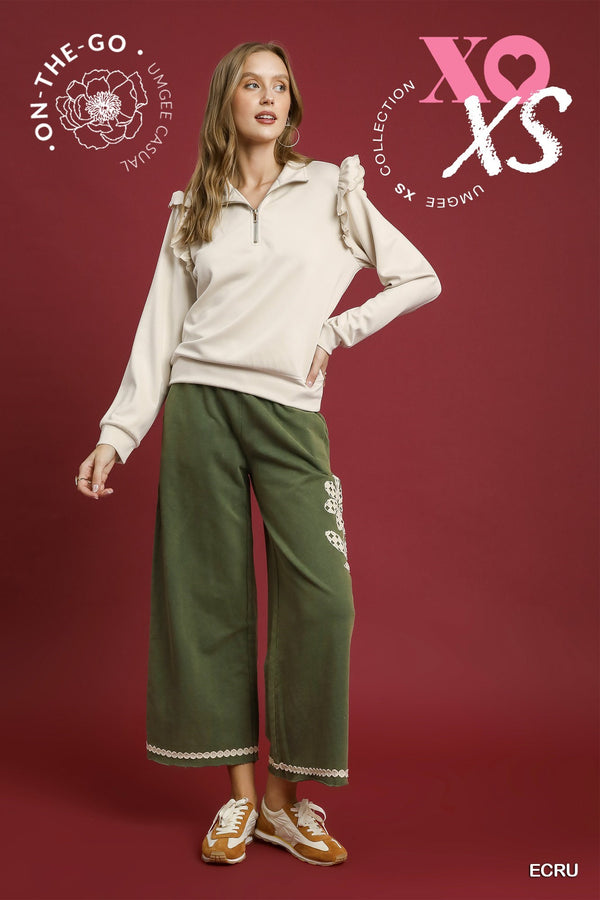 Ruffle Shoulder Quarter-Zip Pullover- Ecru