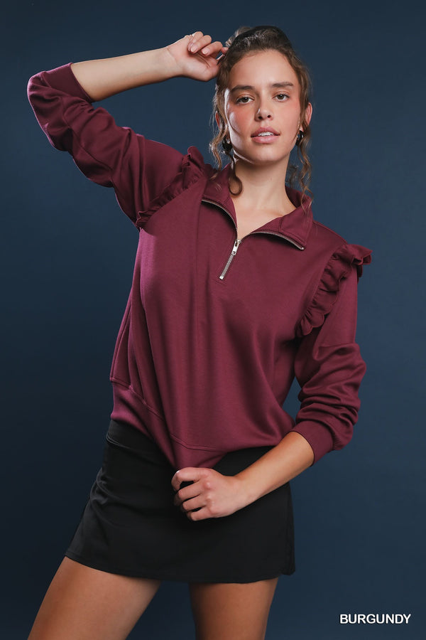 Ruffle Shoulder Quarter-Zip Pullover- Burgundy