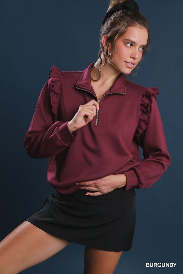 Ruffle Shoulder Quarter-Zip Pullover- Burgundy