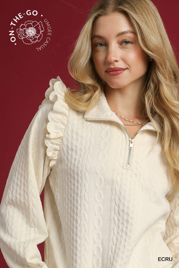 Cable Knit Textured Pullover W/ Ruffle- Ecru