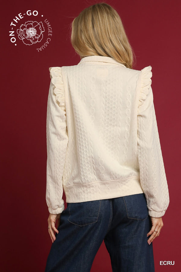 Cable Knit Textured Pullover W/ Ruffle- Ecru