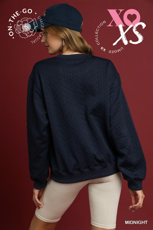 Cable Texture Knit Pullover Sweatshirt- Midnight