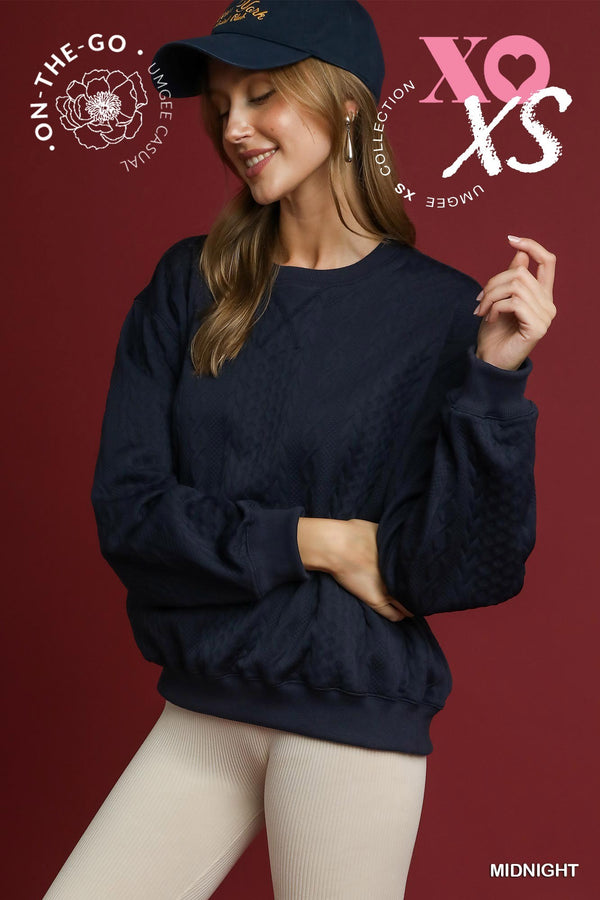Cable Texture Knit Pullover Sweatshirt- Midnight