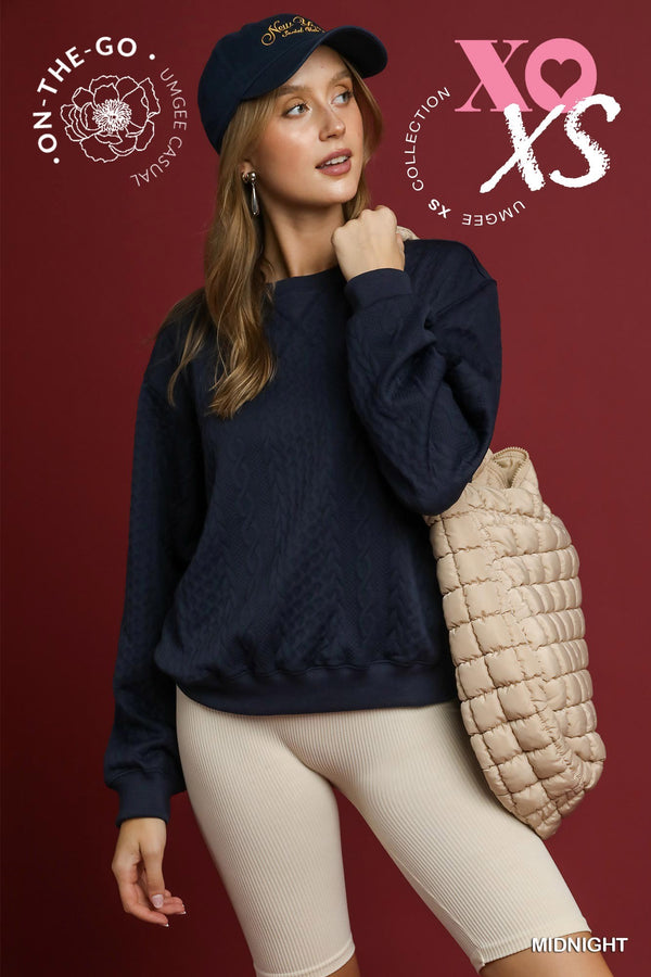 Cable Texture Knit Pullover Sweatshirt- Midnight