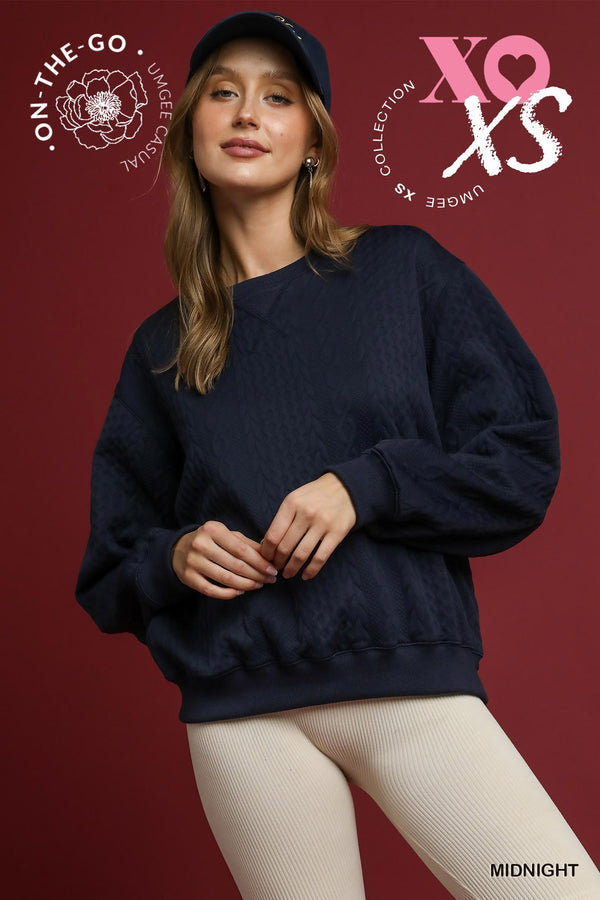 Cable Texture Knit Pullover Sweatshirt- Midnight