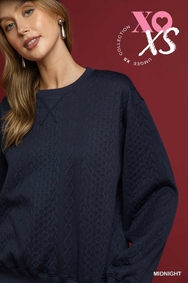 Cable Texture Knit Pullover Sweatshirt- Midnight