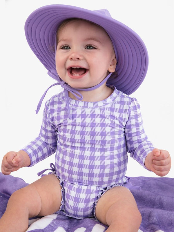 One Piece Rash Guard Swimsuit- Wisteria Purple Gingham