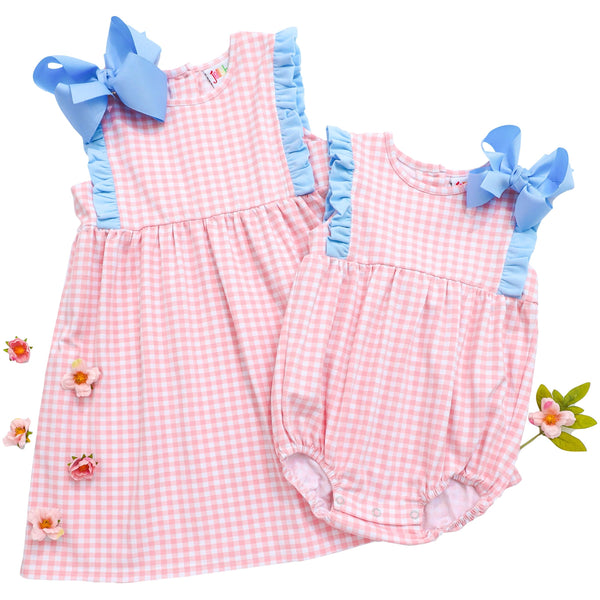 Evie Bubble- Pink Gingham and Light Blue