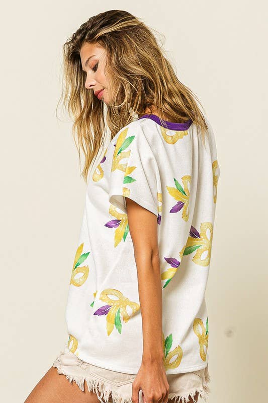Mardi Gras Mask Contrast Neck Top