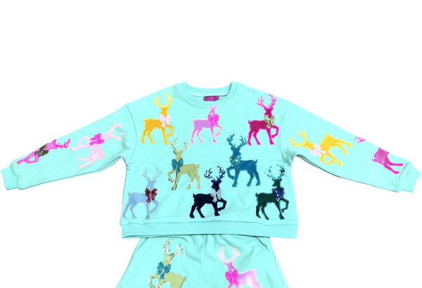 Mint Green Sweatshirt With Velvet Reindeers & Bows