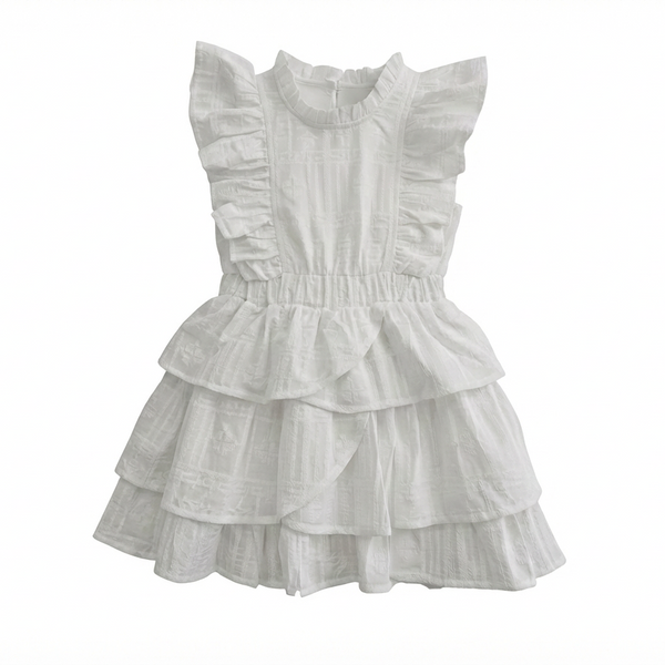White Geometric Embroidery Rebecca Ruffle Dress