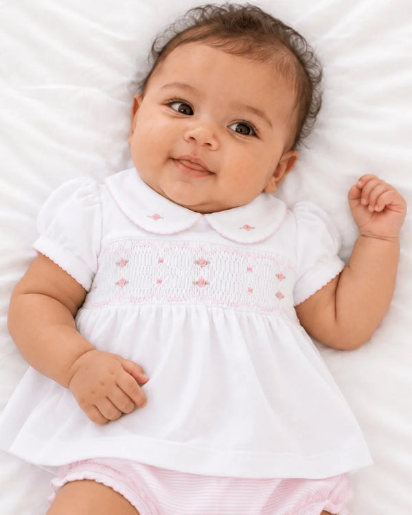 Anna Smocked Ruffle S/S Diaper Set- Pink