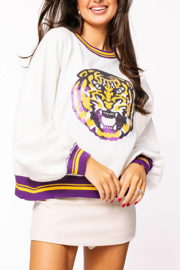 Licensed LSU Full Sequin Mascot Sweater- (Women's)