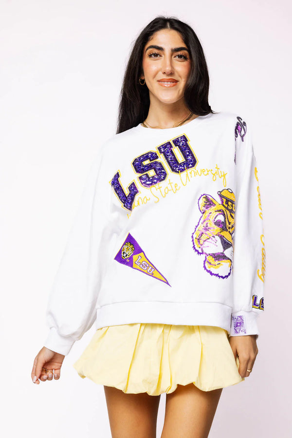 Licensed LSU Big Icons Scattered All Over Sweatshirt- (Women's)
