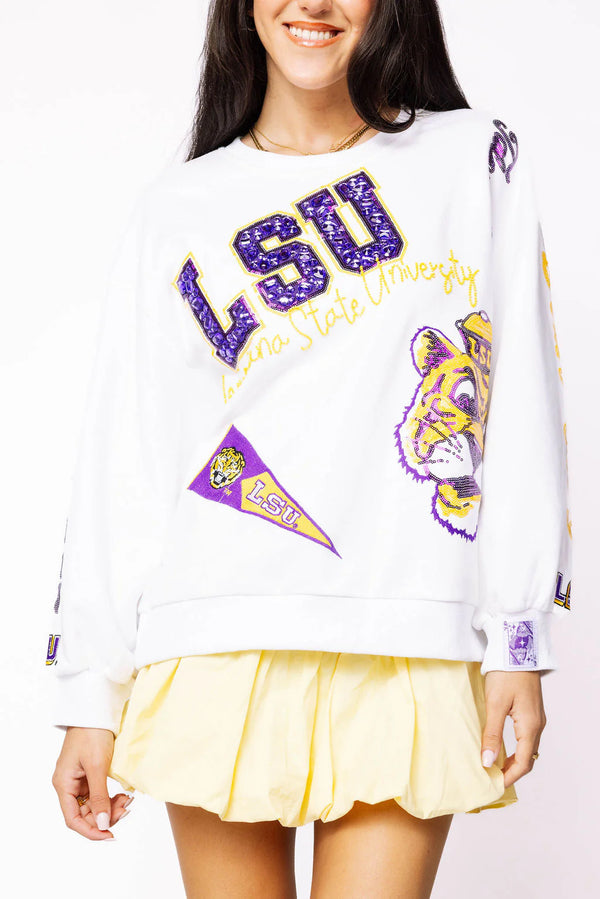 Licensed LSU Big Icons Scattered All Over Sweatshirt- (Women's)