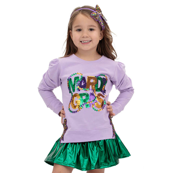 Mardi Gras Beads & Bow Sequin Holly Shirt