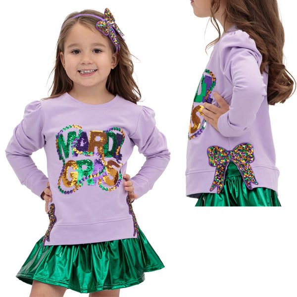 Mardi Gras Beads & Bow Sequin Holly Shirt