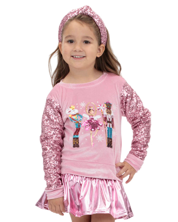 Nutcracker Pink Velvet Sweatshirt W/ Sequin Sleeve