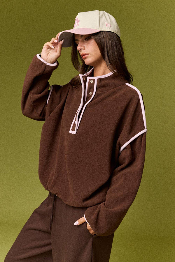Betty Fleece Snap Button Pullover- Chocolate
