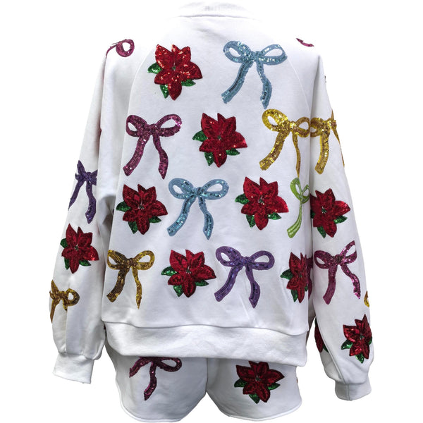White Multi Bows & Poinsettia Sweatshirt- Women's