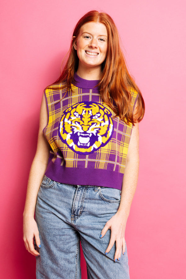 Purple Gold Plaid LSU Tiger Sweater Vest- (Women's)