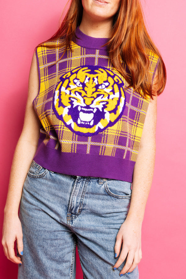Purple Gold Plaid LSU Tiger Sweater Vest- (Women's)