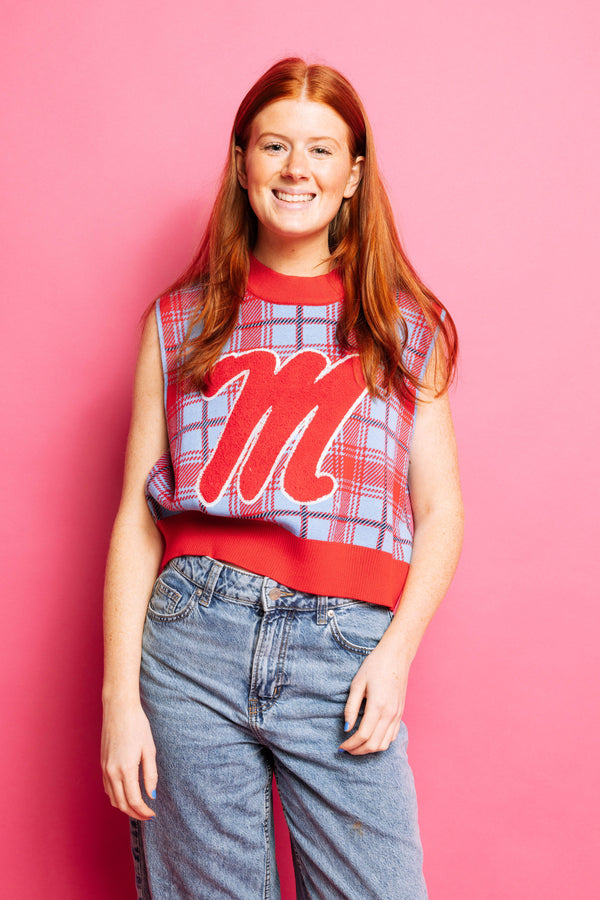 Powder Red Plaid Ole Miss M Sweater Vest- (Women's)