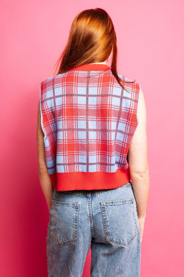 Powder Red Plaid Ole Miss M Sweater Vest- (Women's)