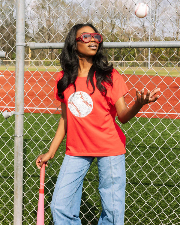 Red Flower Baseball Tee- (Women's)