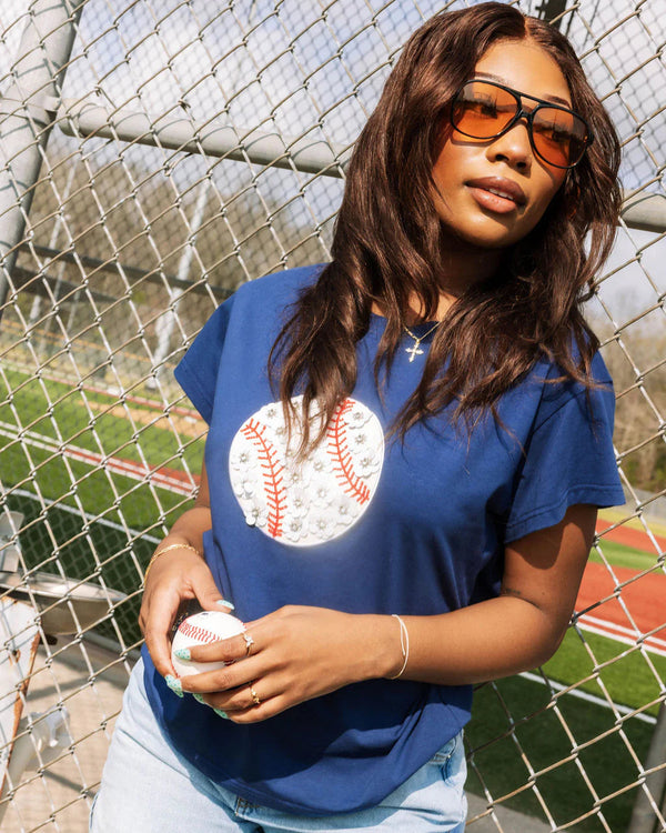 Navy Flower Baseball Tee- (Women's)