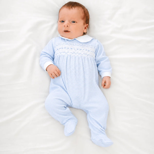 Benjamin Smocked Collared Footie- Light Blue