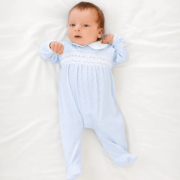 Benjamin Smocked Collared Footie- Light Blue