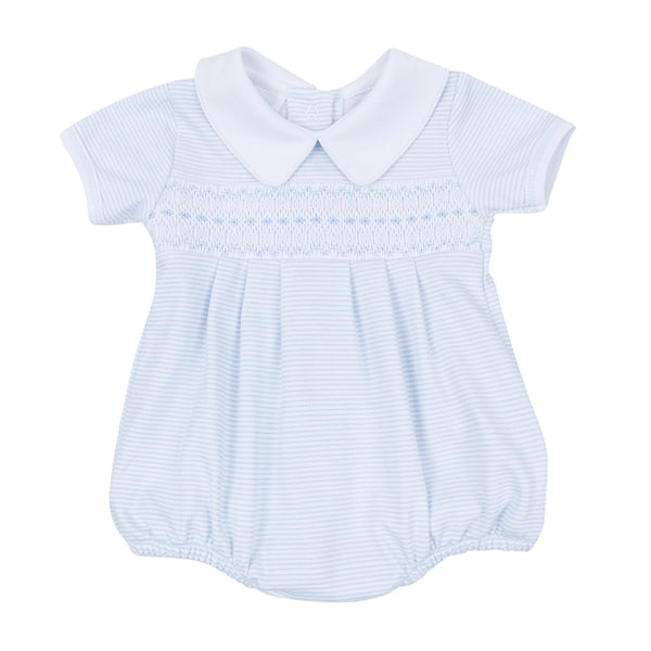 Benjamin Smocked Collared S/S Bubble- Light Blue