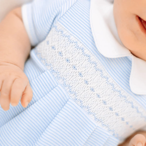 Benjamin Smocked Collared S/S Bubble- Light Blue