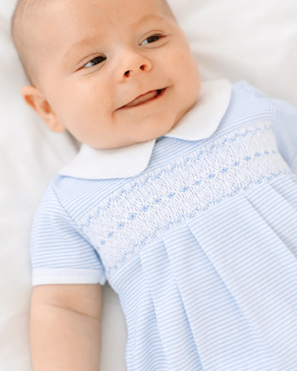 Benjamin Smocked Collared S/S Bubble- Light Blue