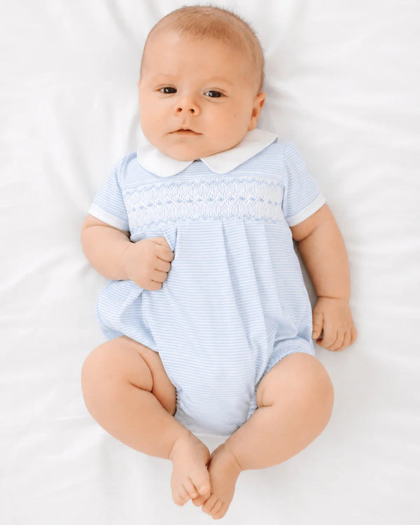 Benjamin Smocked Collared S/S Bubble- Light Blue