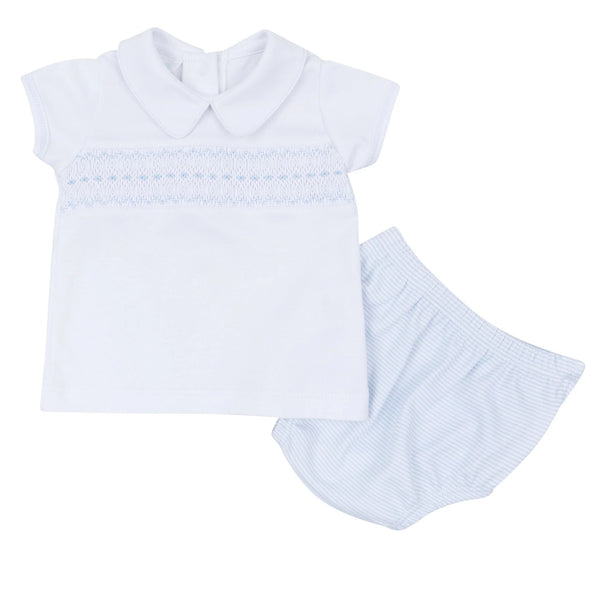 Benjamin Smocked Collared S/S Diaper Set- Light Blue