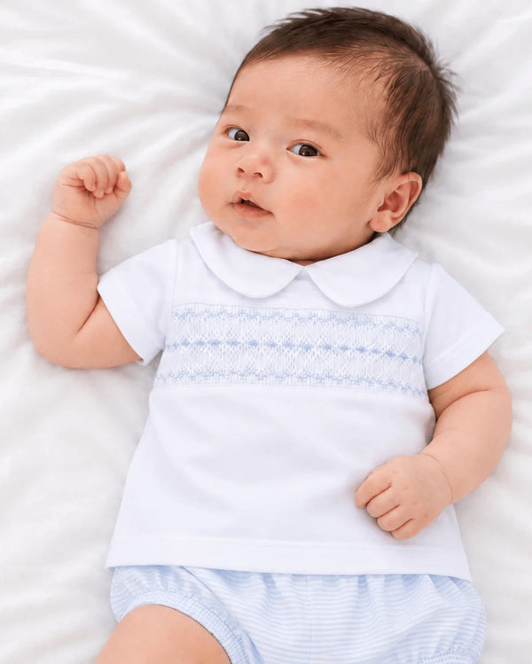 Benjamin Smocked Collared S/S Diaper Set- Light Blue