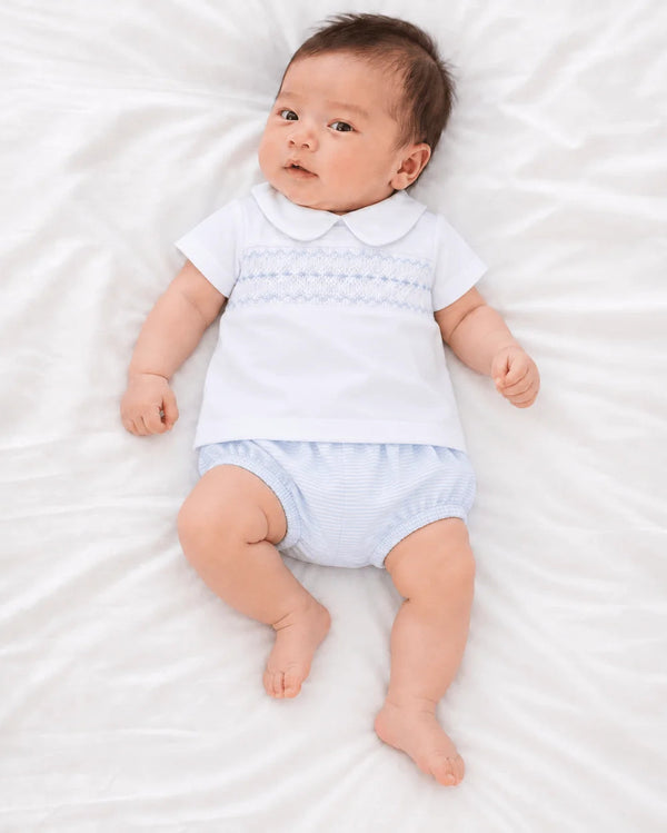 Benjamin Smocked Collared S/S Diaper Set- Light Blue