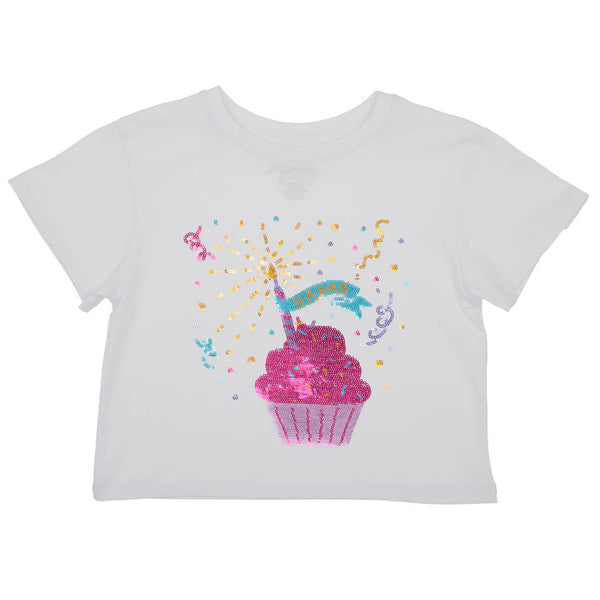 Cupcake Birthday Sequin Boxy T- White