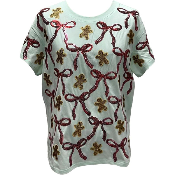 Pale Green Gingerbread Men & Bows Tee- Women's
