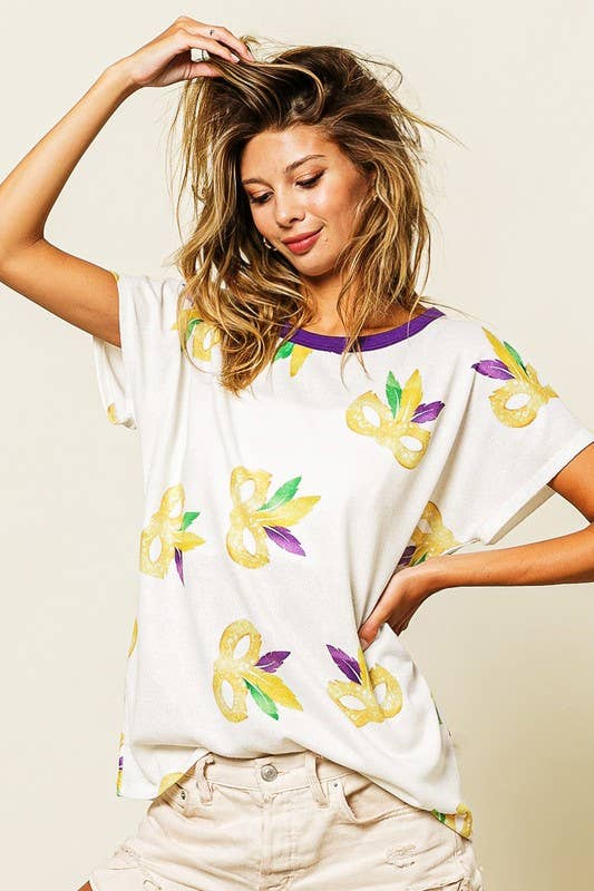 Mardi Gras Mask Contrast Neck Top