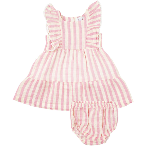 Picot Edged Dress + Diaper Cover- Pink Stripe