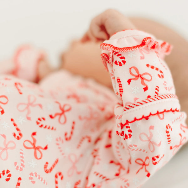 Candy Cane Lane Ruffle Zipper Footie- Red