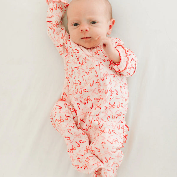 Candy Cane Lane Ruffle Zipper Footie- Red