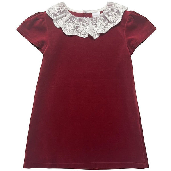 Velvet Dress with Lace Collar- Red
