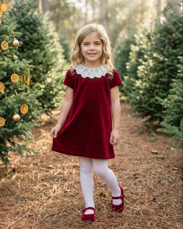 Velvet Dress with Lace Collar- Red
