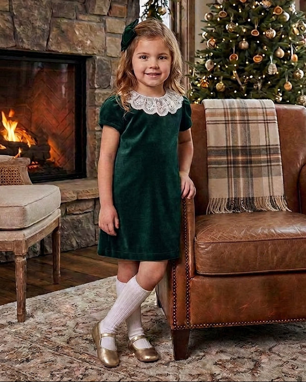 Velvet Dress with Lace Collar- Green
